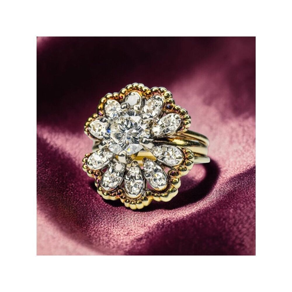 Vintage 1950s Diamond Floral Halo Ring 0.95ct 14K Gold MidCentury Bridal Cluster